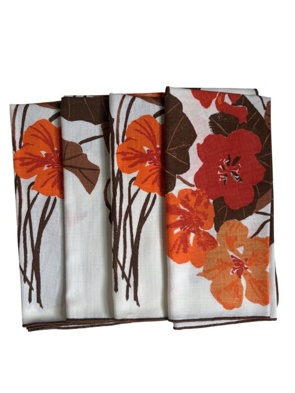 Vintage Vera Neumann Floral Napkins Set Of 4 White Orange Brown Cotton Ladybug